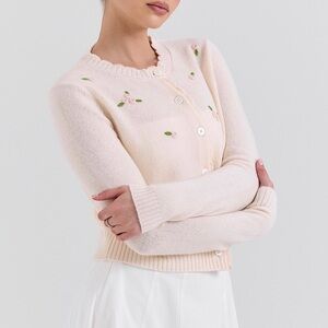 House Of CB Cream Pink Floral Embroidered Ruffle Wool Cardigan Large